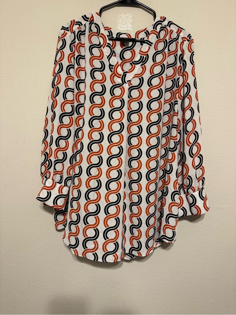 Ashley Stewart White Blouse with Orange & Black Loop Print